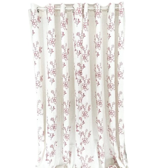 Pair of Curtain Panels 86 x 53 each Linen Red Stitched Flowers Grommets - Picture 1 of 4